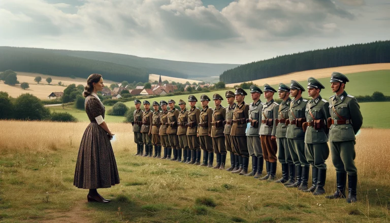 Rôles et Réalités des Femmes dans les Mouvements Fascistes : Une Analyse Approfondie 8 Une femme fasciste en uniforme s'adresse avec ferveur à un groupe de soldats rassemblés, capturant l'esprit et l'idéologie du fascisme dans une scène chargée d'autorité et de persuasion. Son discours semble inspirer et mobiliser, reflétant les valeurs et les convictions fortes du mouvement fasciste. L'image saisissante révèle l'influence des leaders fascistes et leur capacité à galvaniser leurs troupes, soulignant la puissance de la communication et de l'idéologie dans la formation de l'histoire.