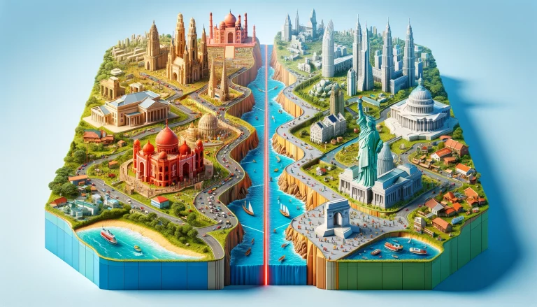2024: entre démondialisation et renouveau souverainiste 7 La Stratégie Économique et Politique des BRICS. Une carte en 3d partagée en deux parties au milieux par un ligne pointillées rouge et sur la la partie de gauche remplie par des bâtiments et monuments connus des pays suivants (Brésil, Russie, Inde, Chine, et Afrique du Sud) et et sur la la partie de droite, remplie par des bâtiments et monuments connus (Les USA et l'Europe et l'Angleterre)