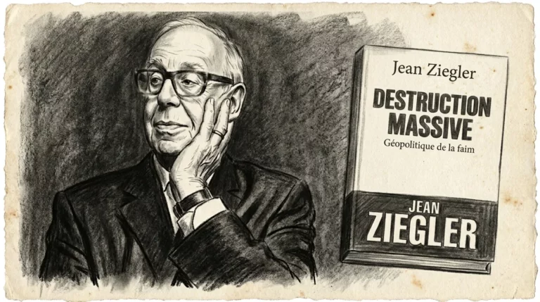 Jean Ziegler tenant son livre « Destruction massive : géopolitique de la faim »