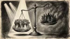 Dessin au fusain d'une balance déséquilibrée entre une foule éclairée et une foule dans l'ombre, image du deux poids deux mesures