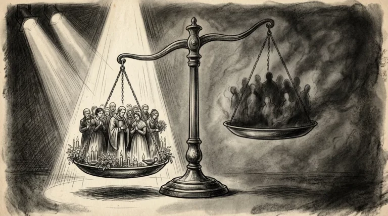 Dessin au fusain d'une balance déséquilibrée entre une foule éclairée et une foule dans l'ombre, image du deux poids deux mesures