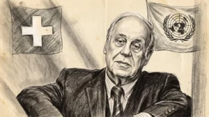 Portrait dessiné de Jean Ziegler, sociologue genevois et auteur du « capitalisme expliqué à ma petite-fille »