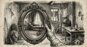 Dessin au fusain d'une main tenant un cadre ovale montrant un intérieur élégant devant une pièce ouvrière modeste, illustrant la honte sociale