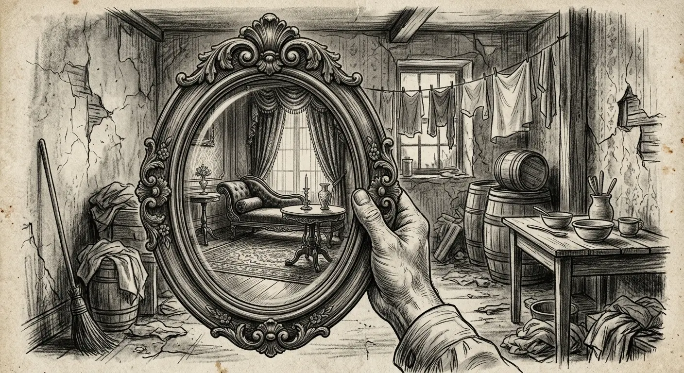 Dessin au fusain d'une main tenant un cadre ovale montrant un intérieur élégant devant une pièce ouvrière modeste, illustrant la honte sociale