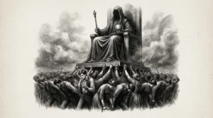 Dessin au fusain d'une foule portant un trône et tenant ses propres chaînes, illustrant la servitude volontaire