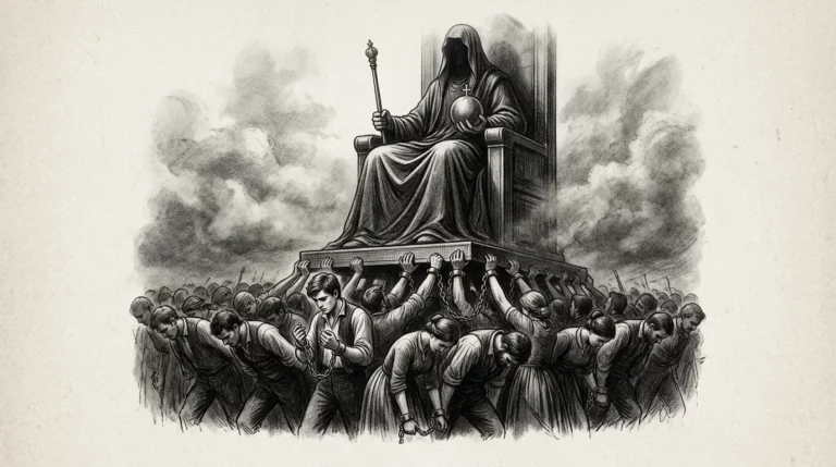 Dessin au fusain d'une foule portant un trône et tenant ses propres chaînes, illustrant la servitude volontaire
