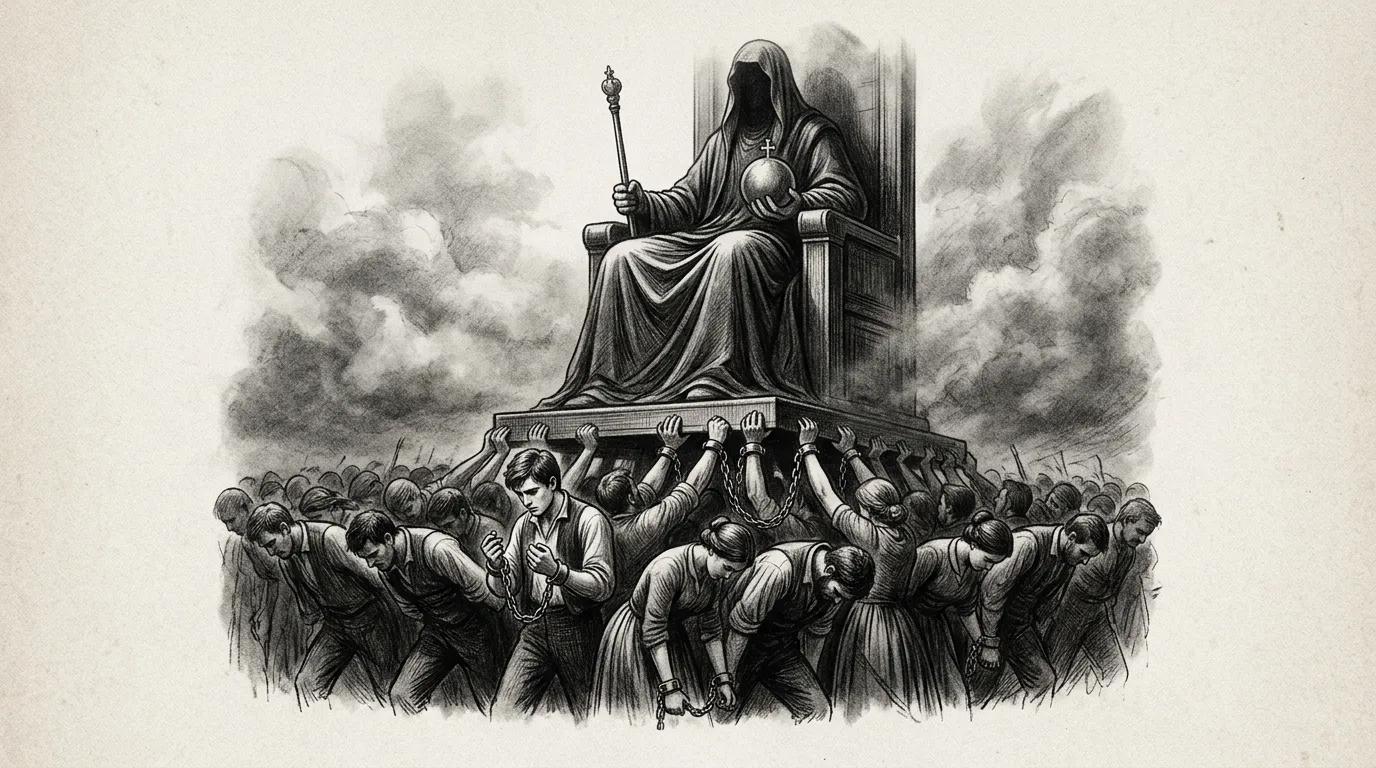 Dessin au fusain d'une foule portant un trône et tenant ses propres chaînes, illustrant la servitude volontaire