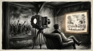 Dessin au fusain d'un spectateur devant un écran ignorant une foule affamée derrière lui, image de la souffrance à distance
