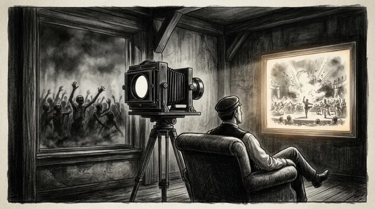 La souffrance à distance : pourquoi les médias détournent les yeux 6 Dessin au fusain d'un spectateur devant un écran ignorant une foule affamée derrière lui, image de la souffrance à distance