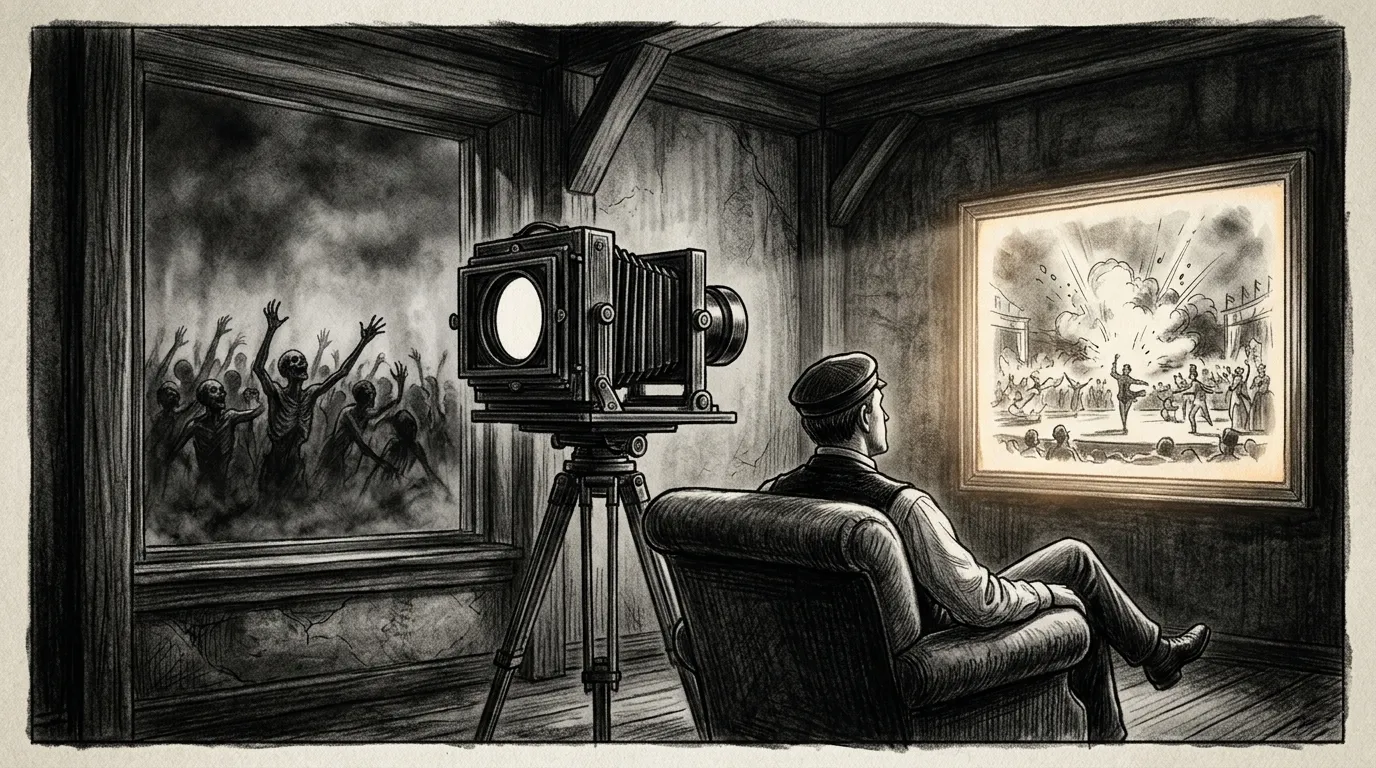 Dessin au fusain d'un spectateur devant un écran ignorant une foule affamée derrière lui, image de la souffrance à distance