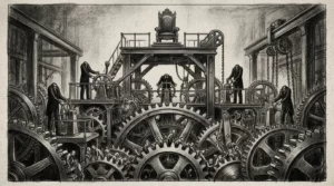 Dessin au fusain d'une machine d'engrenages pilotée par des silhouettes sans visage broyant de petites figures humaines, image de la violence structurelle