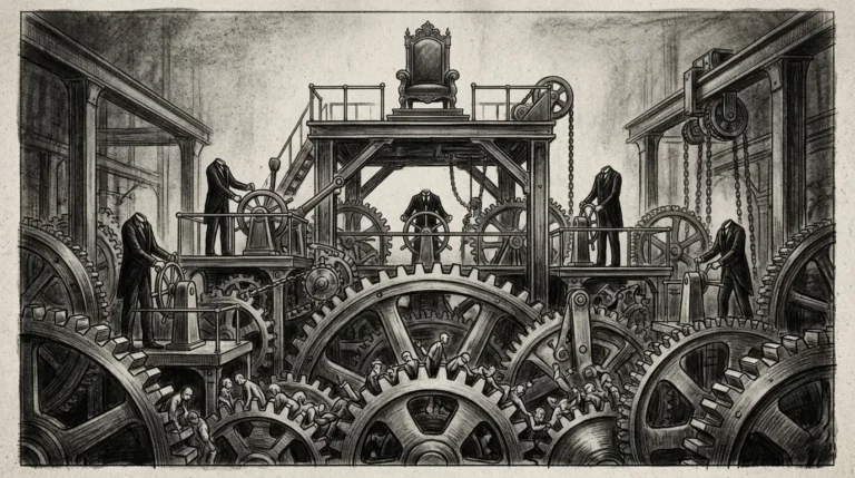 Dessin au fusain d'une machine d'engrenages pilotée par des silhouettes sans visage broyant de petites figures humaines, image de la violence structurelle