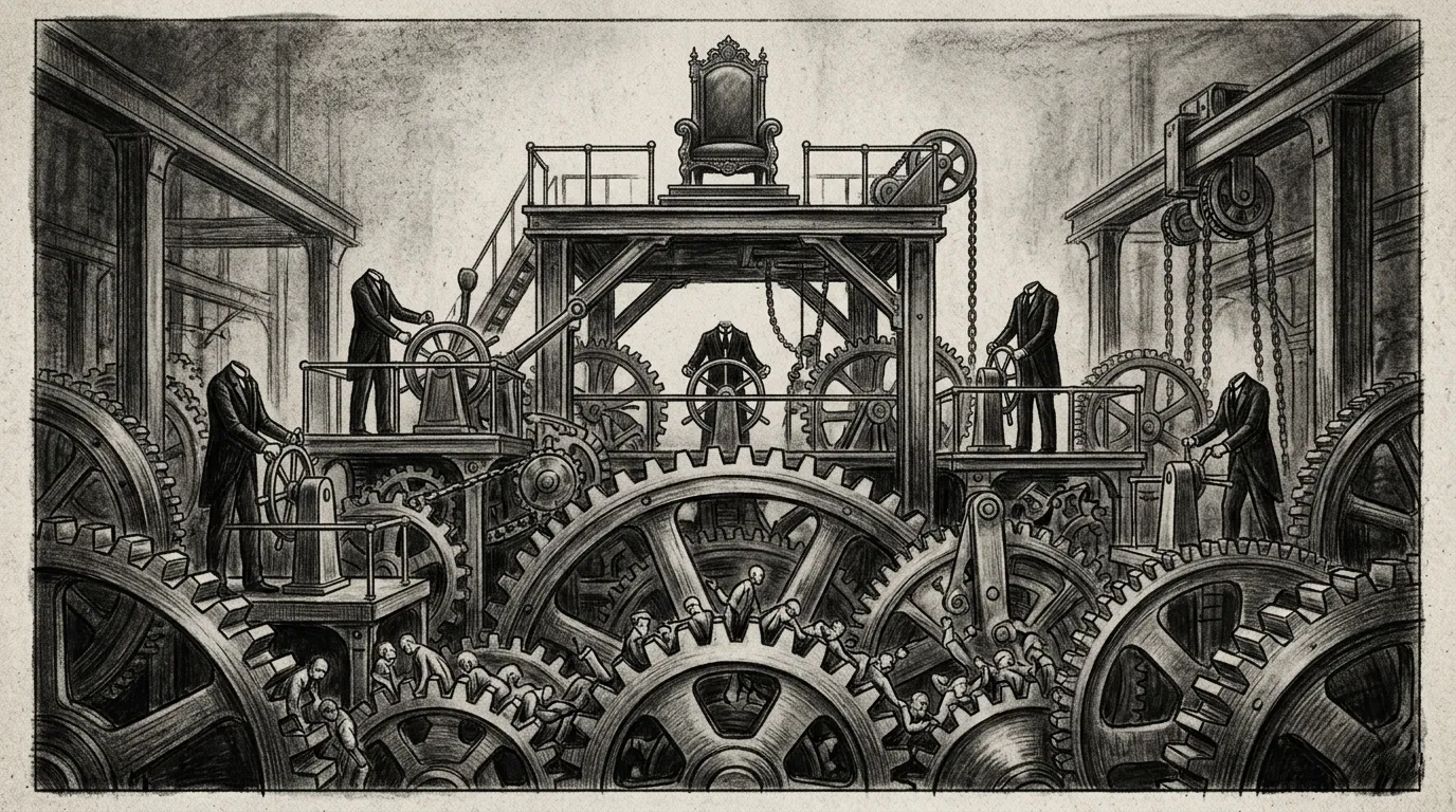 Les prédateurs sans visage : comprendre la violence structurelle 1 Dessin au fusain d'une machine d'engrenages pilotée par des silhouettes sans visage broyant de petites figures humaines, image de la violence structurelle