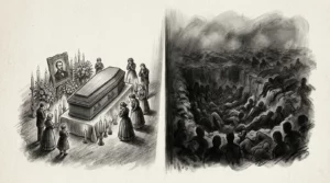 Dessin au fusain opposant un cercueil veillé de bougies à une fosse commune anonyme, image des vies qui ne comptent pas