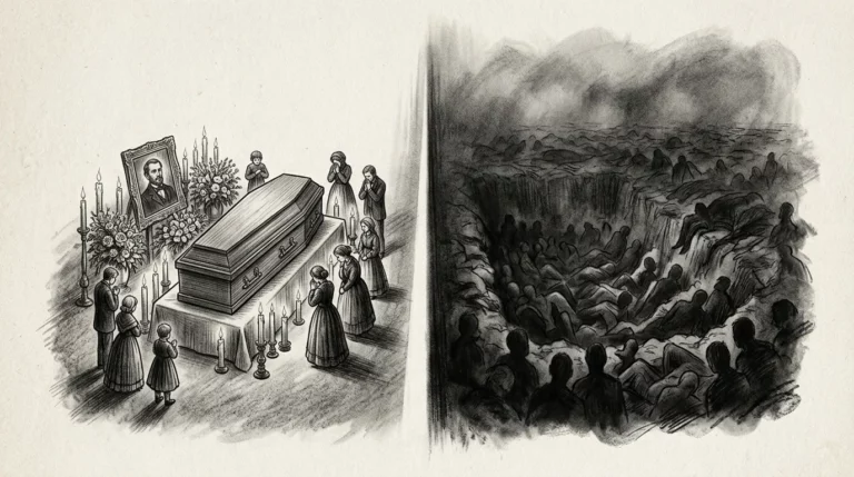 Dessin au fusain opposant un cercueil veillé de bougies à une fosse commune anonyme, image des vies qui ne comptent pas