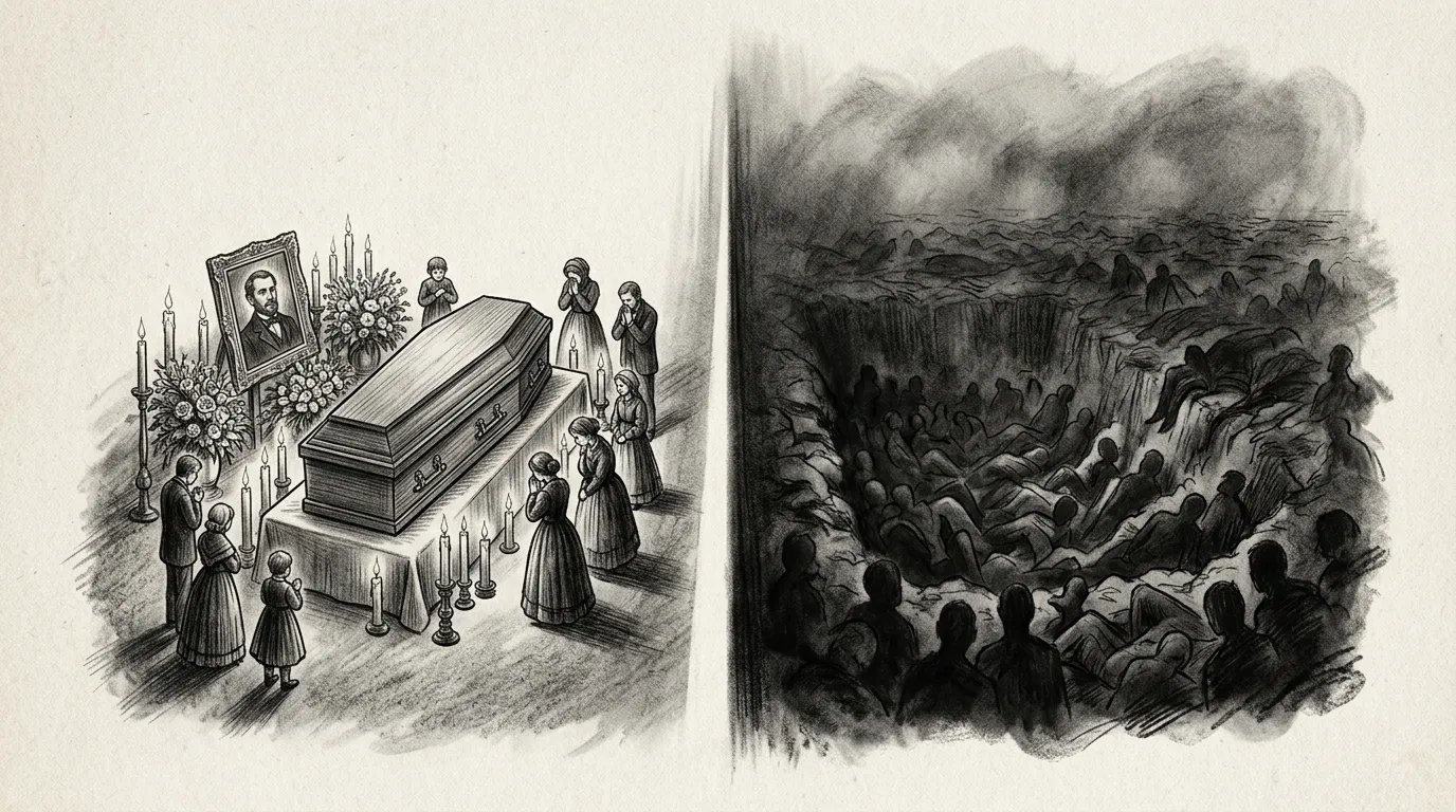 Les vies qui ne comptent pas : pourquoi certaines morts nous bouleversent 1 Dessin au fusain opposant un cercueil veillé de bougies à une fosse commune anonyme, image des vies qui ne comptent pas