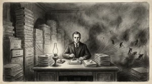 Dessin au fusain d'un fonctionnaire tamponnant des dossiers reliés à des silhouettes qui s'effondrent au loin, image de la banalité du mal