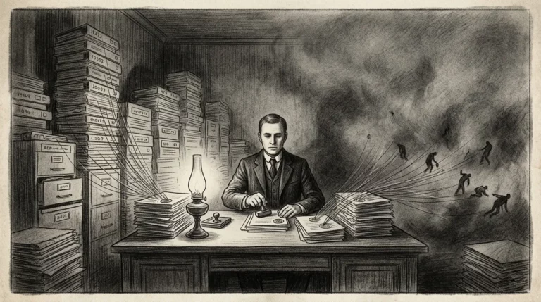 Dessin au fusain d'un fonctionnaire tamponnant des dossiers reliés à des silhouettes qui s'effondrent au loin, image de la banalité du mal