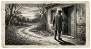 Dessin au fusain d'un homme en costume dont l'ombre est un enfant devant une maison ouvrière, illustrant le retour aux origines