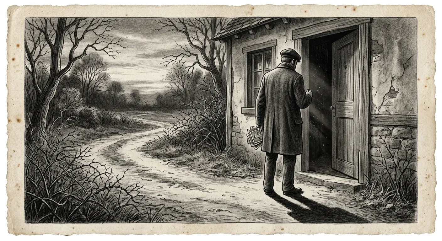 Dessin au fusain d'un homme en costume dont l'ombre est un enfant devant une maison ouvrière, illustrant le retour aux origines
